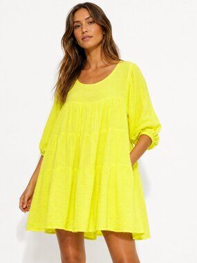 ANAAK Nina Mini Dress Neon Yellow Cotton Gauze Babydoll Size 0